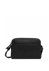 Zwarte leren crossbodytas met een ritssluiting, een gladde textuur, een voorkantvak, een verstelbare schouderband en subtiele gegraveerde branding.