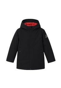 Giacca nera con cappuccio, chiusura frontale con cerniera, due tasche con zip, rivestimento interno rosso e logo bianco sul maniche sinistra.