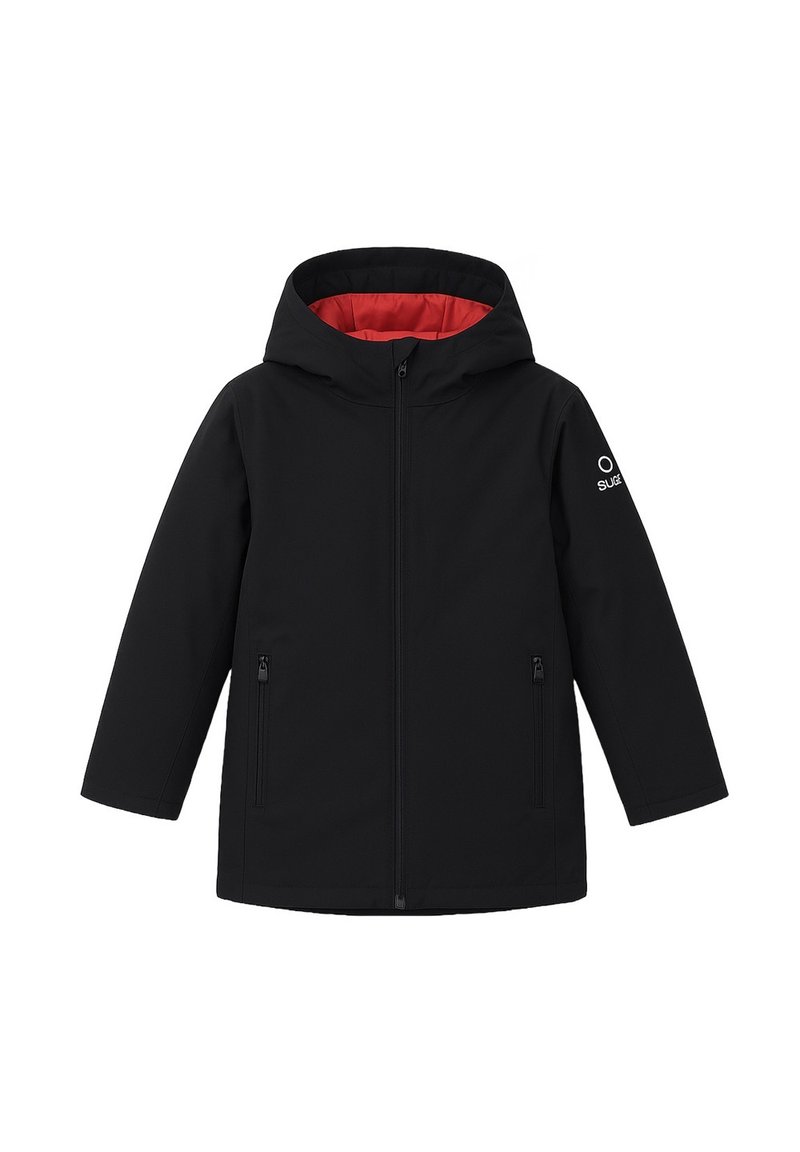 Giacca nera con cappuccio, chiusura frontale con cerniera, due tasche con zip, rivestimento interno rosso e logo bianco sul maniche sinistra.