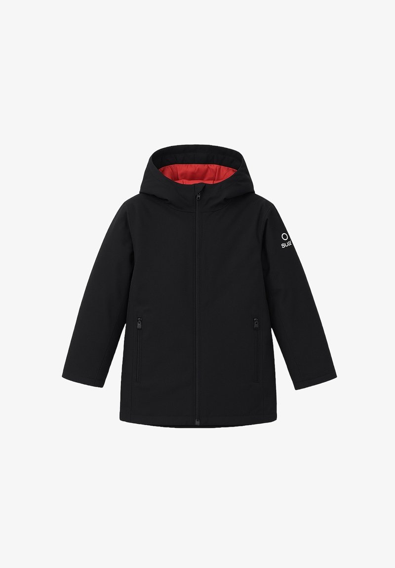 Giacca nera con cappuccio, chiusura frontale con cerniera, due tasche con zip, rivestimento interno rosso e logo bianco sul maniche sinistra.