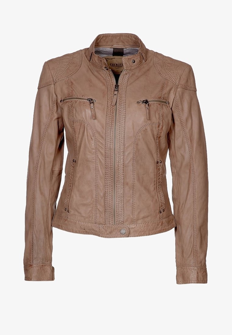 Béžová kožená motorkářská bunda s vysokým límcem, předním zipem a několika kapsami na zip. Má texturované akcenty na ramenou a prošití.