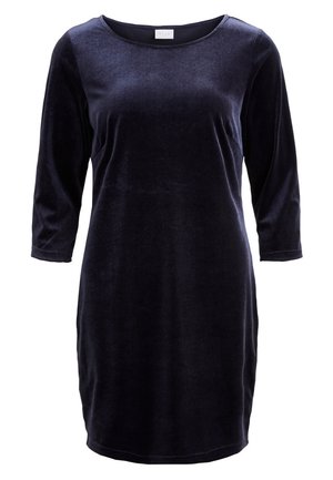 Marineblaues Samtkleid mit rundem Ausschnitt und dreiviertel Ärmeln, das eine glatte, weiche Textur und eine gerade Schnittsilhouette aufweist.