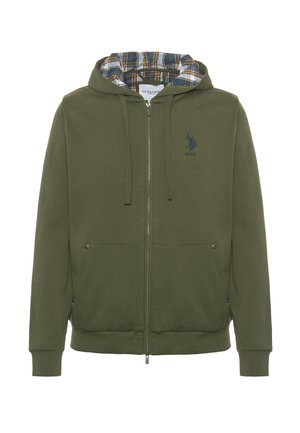 Felpa con zip verde oliva, con cappuccio foderato in tartan, caratterizzata da un logo sul petto, due tasche frontali e polsini e orlo a costine.