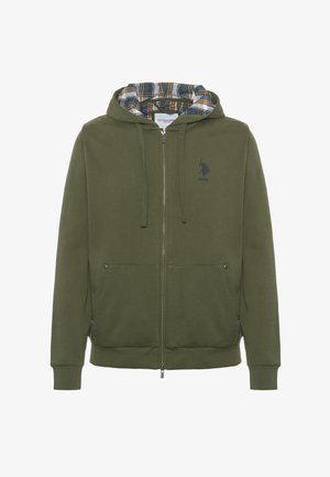 Felpa con zip verde oliva, con cappuccio foderato in tartan, caratterizzata da un logo sul petto, due tasche frontali e polsini e orlo a costine.