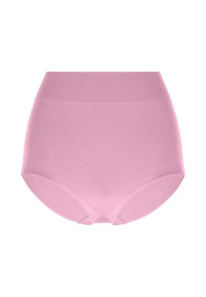 Culotte taille haute en tissu rose doux, présentant une texture lisse et une large ceinture en maille pour un confort et un maintien optimaux.