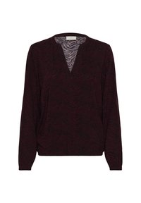 Maglietta bordeaux a maniche lunghe con scollatura a V, caratterizzata da un motivo a zebre e una texture morbida, progettata con una vestibilità comoda e una vita arricciata.