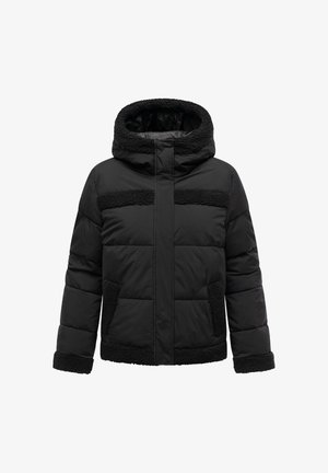Black padded jacket with hood, featuring textured trim on cuffs, hem, pockets, and across the chest.