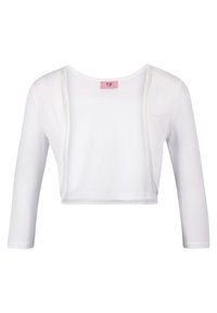 Chaqueta bolero blanca recortada con mangas de tres cuartos y abertura frontal, diseñada para superponerse sobre vestidos o blusas.