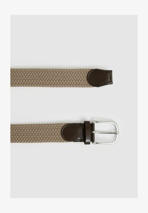 Gewebter beiger Gürtel mit dunkelbraunen Lederakzenten und silberner Metallschnalle. Verfügt über ein strukturiertes Muster und eine glatte Oberfläche an den Enden.