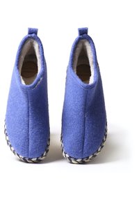 Blue felt slippers with a thick white interior lining, featuring a braided jute sole and a looped tab for easy wear.