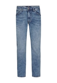 Jeans in denim azzurro chiaro con un design a gamba dritta, cinque tasche, chiusura con bottone metallico e dettagli cuciti lungo le cuciture.