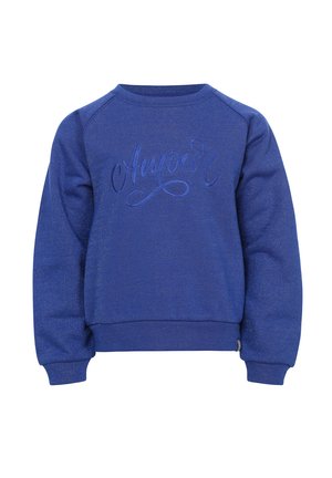 Blauwe sweatshirt van zachte stof, met een ronde halslijn en raglanmouwen. Geborduurde tekst op de voorkant in bijpassende kleur.