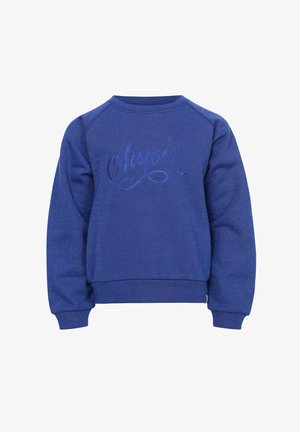 Blauwe sweatshirt van zachte stof, met een ronde halslijn en raglanmouwen. Geborduurde tekst op de voorkant in bijpassende kleur.