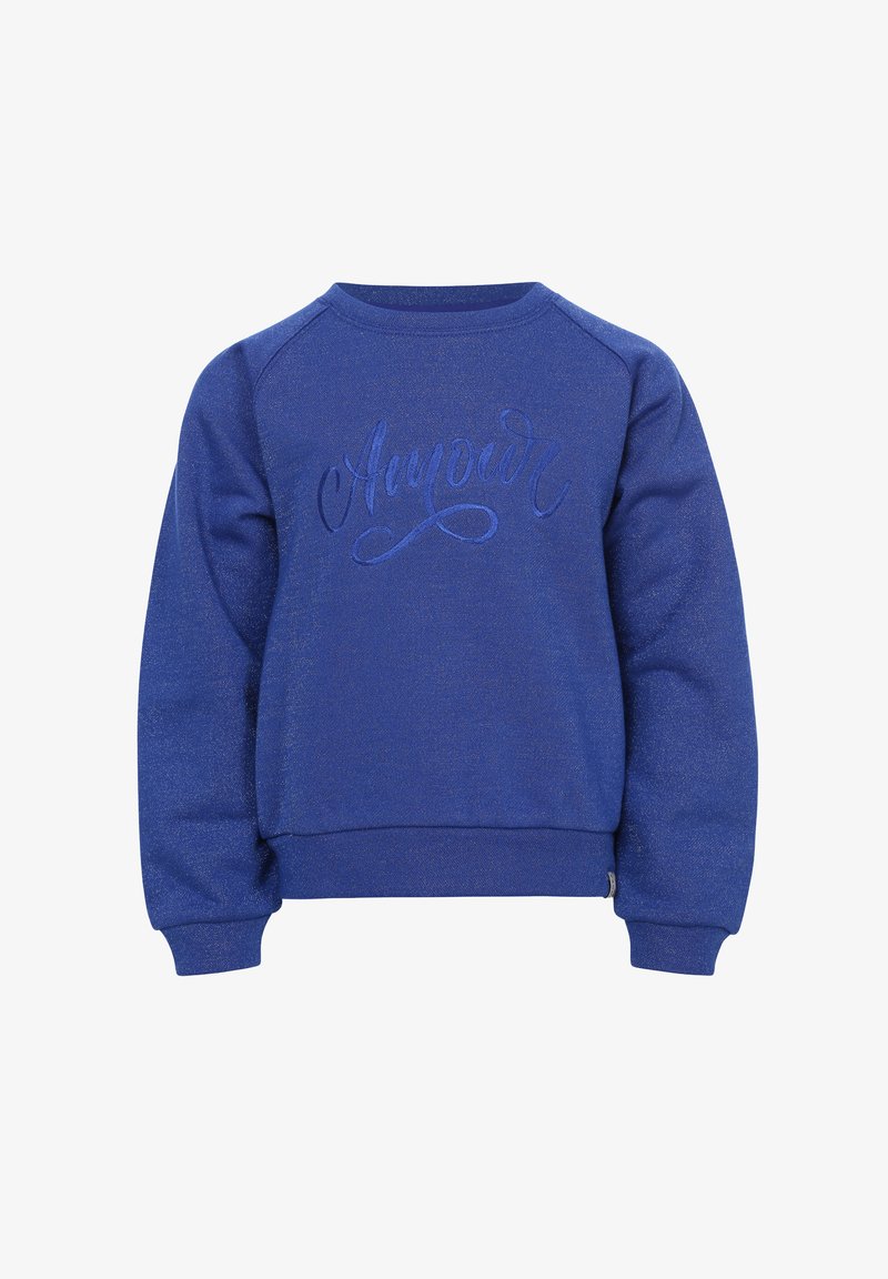 Blauwe sweatshirt van zachte stof, met een ronde halslijn en raglanmouwen. Geborduurde tekst op de voorkant in bijpassende kleur.