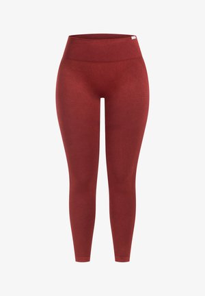 Højtaljede røde leggings lavet af strækbart stof, med en glat tekstur og en subtil tonal stribemønster. Ingen synlig hardware.