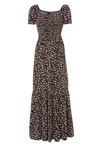 Černé květinové maxi šaty s krátkými nabíranými rukávy, smockovaným živůtkem a volánkovým lemem, s růžovými a bílými květinovými vzory po celém povrchu.