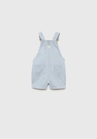 Modri in beli prugasti kratki kombinezon iz bombaža z dvema sprednjima žepoma in nastavljivimi naramnicami. Kvadratna logotipna oznaka blizu vrha.