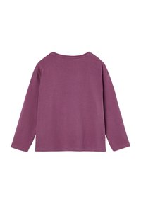 Long-sleeve purple shirt, cotton material, relaxed fit, round neckline, and stitched hem. Smooth texture with minimal detailing.