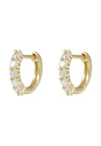 Guldörhängen i form av hoop med sex insatta klara ädelstenar, med en slät yta och rundad design. Klassisk stil med subtil glans.