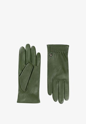 Pair of dark green leather gloves, one showing palm side with thumb patch, the other showing back with stitched detailing and a small button.