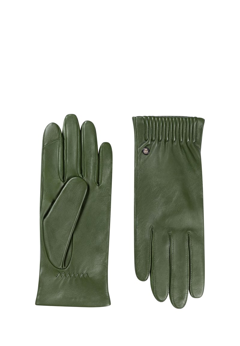 Pair of dark green leather gloves, one showing palm side with thumb patch, the other showing back with stitched detailing and a small button.