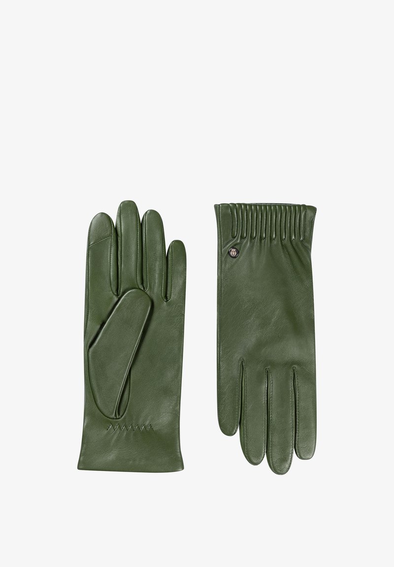 Pair of dark green leather gloves, one showing palm side with thumb patch, the other showing back with stitched detailing and a small button.