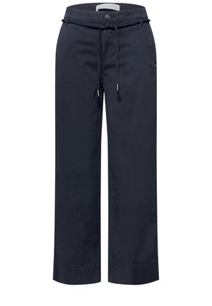 Pantalon large bleu marine avec bouton devant, fermeture éclair, poches latérales et ceinture corde assortie à la taille.