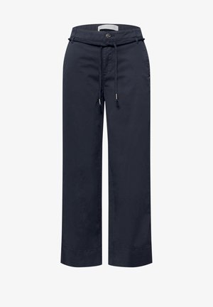 Granatowe spodnie o szerokich nogawkach z przodu na guziki i suwak, z bocznymi kieszeniami oraz dopasowanym pasem sznurowym w talii.