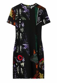 Kurzärmliges Kleid mit schwarzem Grundton und mehrfarbigen abstrakten Mustern, gerippter Textur und rundem Ausschnitt.