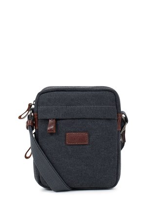 Petit sac bandoulière carré en toile gris foncé avec sangle réglable, poche avant et accents en cuir marron.