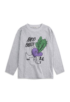 Maglietta grigia a maniche lunghe con un cartone animato di un ravanello viola che cammina e il testo "Rapid Radish B.C." sulla parte frontale.