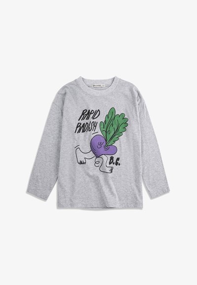 Gray long-sleeve shirt with a walking purple radish cartoon and text "Rapid Radish B.C." on the front.