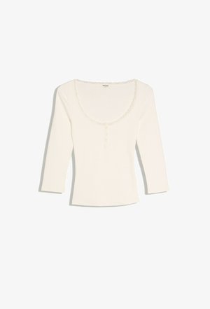 Bershka, LONG-SLEEVE V-NECK SHIRT WITH LACE DETAIL AND BUTTONS - T-shirt à manches longues - beige