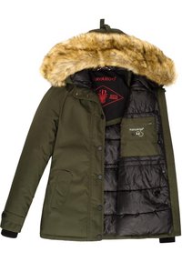Olive green winter jacket with fur-lined hood, black quilted interior, front buttons, side pockets, and inner zippered pocket with brand logo.
