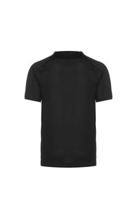 T-shirt nera a maniche corte realizzata in tessuto a rete traspirante, con scollo rotondo e vestibilità comoda con maniche raglan.