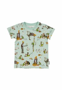 Ljusblå t-shirt med kort ärm i bomull, med ett detaljerat mönster av gårdsfigurer, djur och livsmedel.