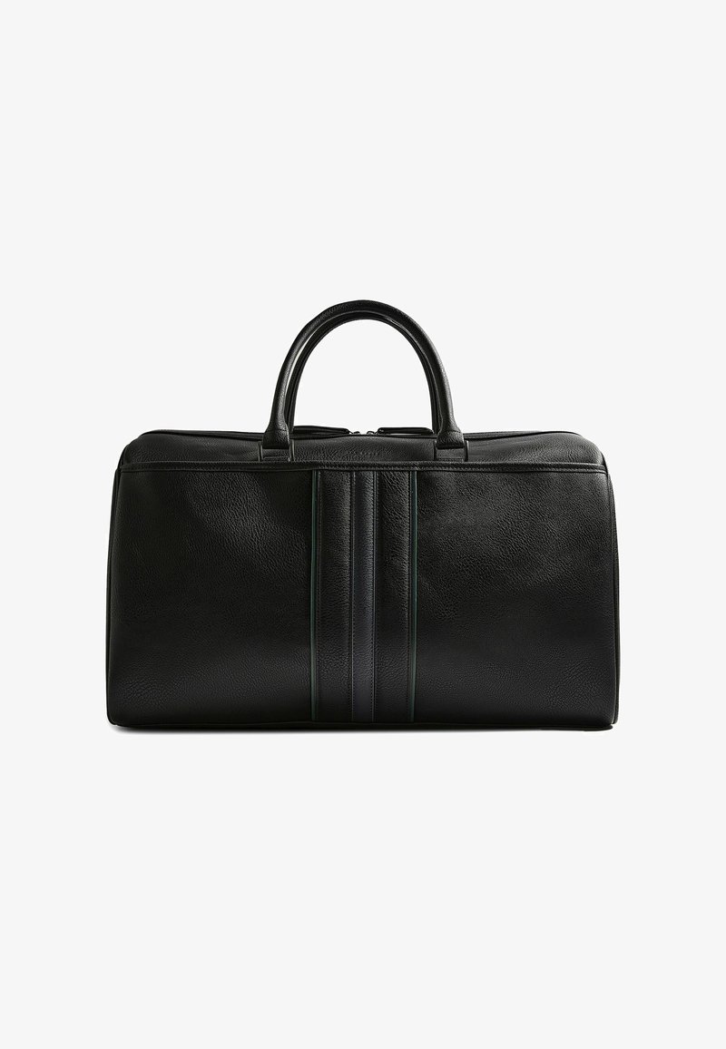 Sac de voyage en cuir noir avec deux poignées, fermeture éclair, surface texturée et trois accents verts verticaux à l'avant.