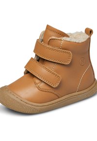 Stivale alla caviglia in pelle marrone chiaro per bambini con due cinturini in Velcro e morbido rivestimento interno in fleece color crema.