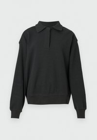 Pull noir à manches longues en maille gaufrée avec col, patte de boutonnage partielle, poignets et ourlet côtelés sur un fond uni.