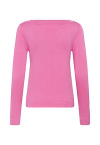 Suéter de manga larga de color rosa brillante con cuello redondo y puños acanalados, visto desde la parte posterior sobre un fondo blanco.