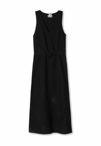 Robe midi noire sans manches avec décolleté en V, tissu perforé sous la taille et cordon de serrage à la taille.