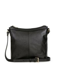Borsa a tracolla in pelle nera con finitura texture, chiusura superiore a zip e tracolla regolabile con un accento in metallo dorato.