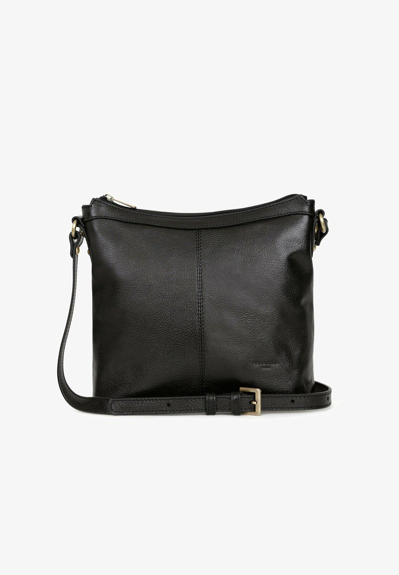 Borsa a tracolla in pelle nera con finitura texture, chiusura superiore a zip e tracolla regolabile con un accento in metallo dorato.