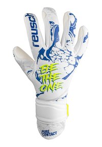 Guanto da portiere con un design bianco e blu, caratterizzato da una superficie di presa testurizzata. Accentuato con "BE THE ONE" di un vivace giallo e una fascia sul polso.