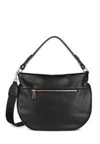 Sac à bandoulière en cuir noir avec une finition texturée, forme arrondie, bandoulière réglable et poche zippée en métal doré sur le devant.