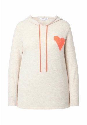 Kremfarvet hættetrøje i blødt stof med et orange hjerte-design på venstre bryst og kontrasterende snore. Indeholder ribstrikkede manchetter.