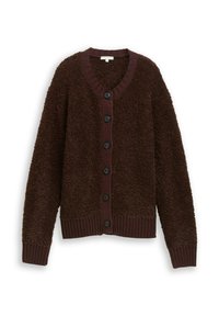 Bruine fluffy cardigan met een v-hals, geribde manchetten en zoom, met zes zwarte knopen aan de voorkant en een zachte, gestructureerde stof.