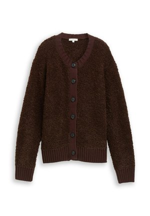 Cardigan marrone soffice con scollatura a V, polsini e orlo a coste, caratterizzato da sei bottoni neri sul davanti e un tessuto morbido e текстurizzato.
