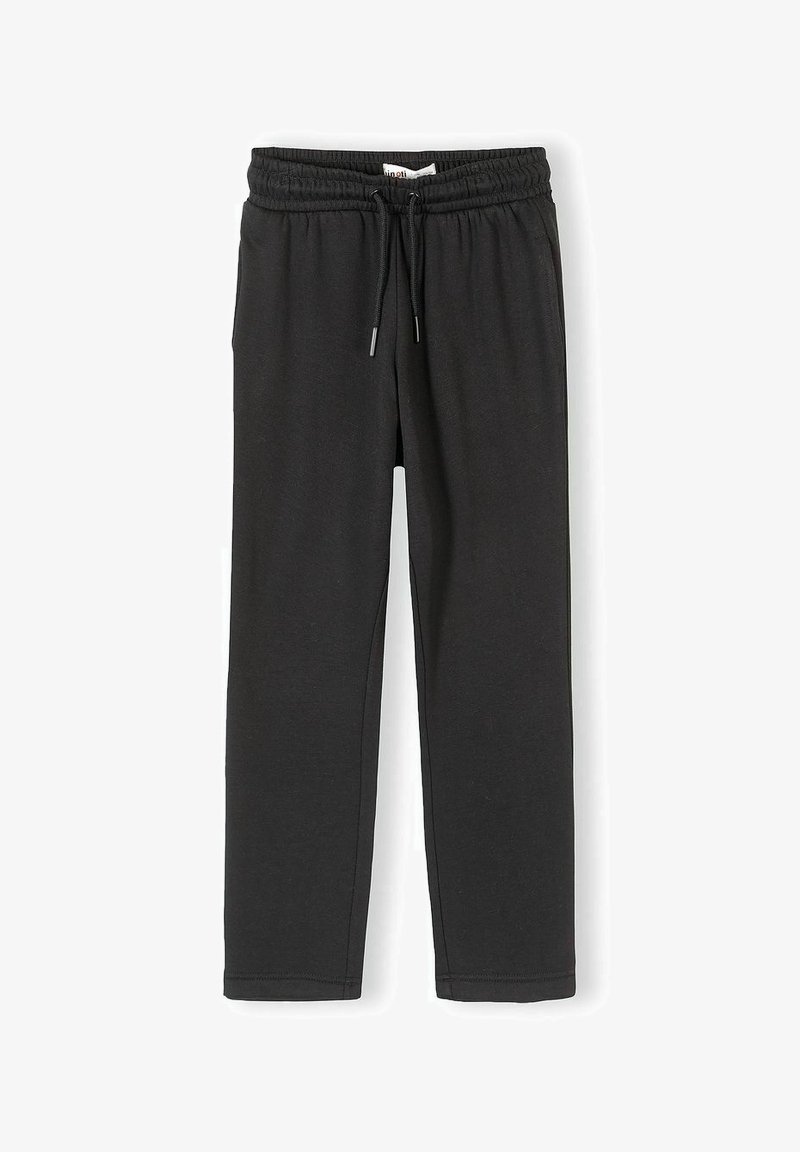 Pantalon de survêtement noir à taille élastique avec cordon de serrage, jambes droites, sans logos ni motifs visibles.