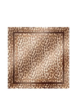 Foulard carré avec un imprimé léopard brillant marron et beige, bordé de deux rectangles marron foncé.